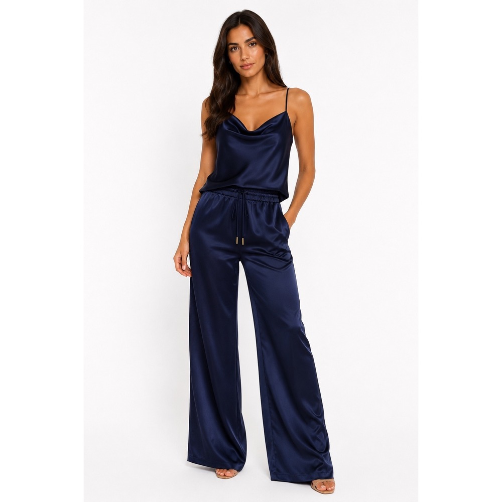 Lavish Lounge Navy Blue Satin 2 Piece Set Cowl Neck Cami & Wide Leg Pants US 6
